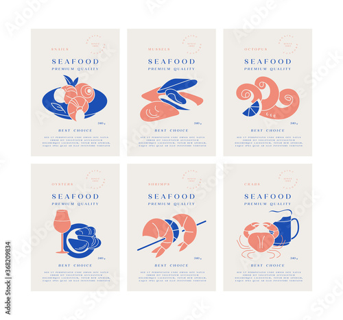 Vector set template packaging labels with logos and for seafood products- octopus, srimps, mussels, snails, crabs, oysters. Emblems for restaurant and cafe.