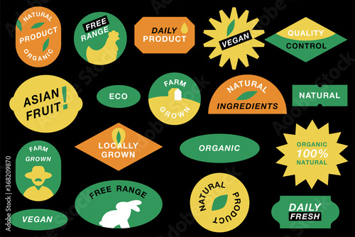 Vector set of logos, badges and icons for natural farm and health products. Collection symbol of localy grown and organic food.