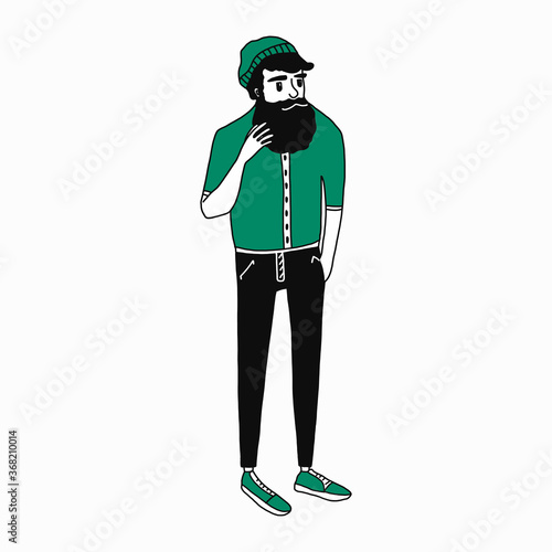 flat cartoon beatnik character, vector illustration of a man with a well-groomed beard and a knitted hat in jeans and sneakers.