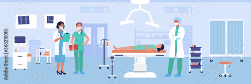 Traumatology surgery vector illustration. Cartoon flat medical care procedure for treating injury of woman patient character, lying on trauma surgery table. Hospital medicine healthcare background