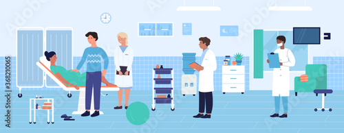 Hospital obstetric examination vector illustration. Cartoon flat obstetrician gynecologist doctor team examining pregnant woman patient before childbirth. Maternity medicine healthcare background