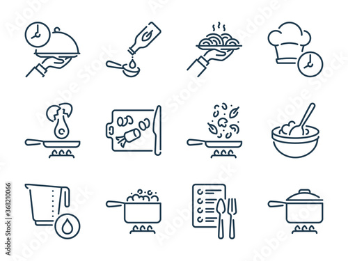 Cooking related vector line icon set. Meal Cooking and Kitchen Equipment outline icons. Food and Kitchen Utensils icon collection.