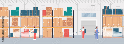 Warehouse disinfection work vector illustration. Cartoon flat specialists in protective masks with spraying disinfectant cleaning, disinfecting storehouse stock room during coronavirus epidemic crisis