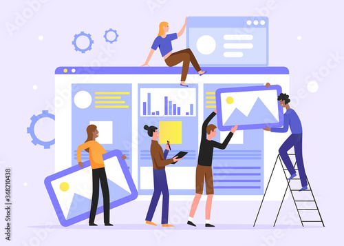 Teamwork develop social media content vector illustration. Cartoon flat tiny developer designer people team working on creative webpage, news portal or information website. Web development background