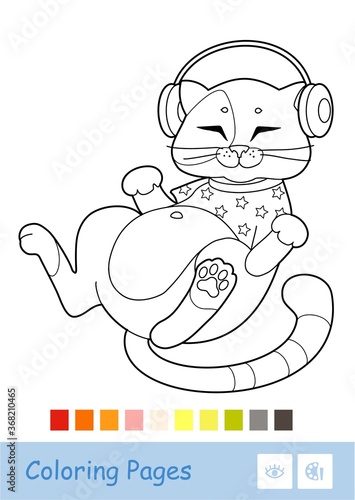 Colorless illustration of cute cat in T-shirt, listening to the music in headphones. Pets preschool kids coloring page illustration and developmental activity.