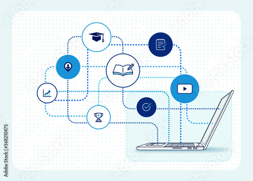 online education illustration: e learning courses, online class platform, education icons, laptop computer side view