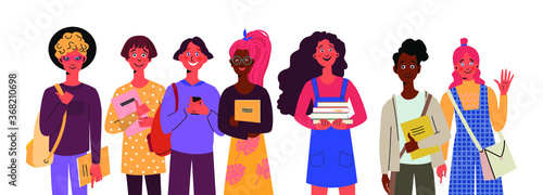 Group of students holding books and laptop isolated characters on white background. Young girls and boys multicultural waving at the camera.