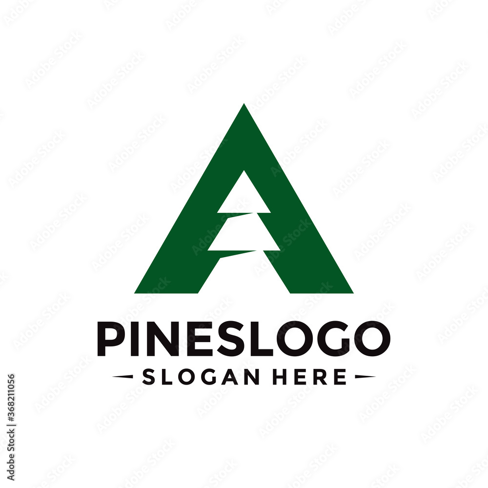 Letter A for Pine Tree Logo Design Template. Vector Illustration.