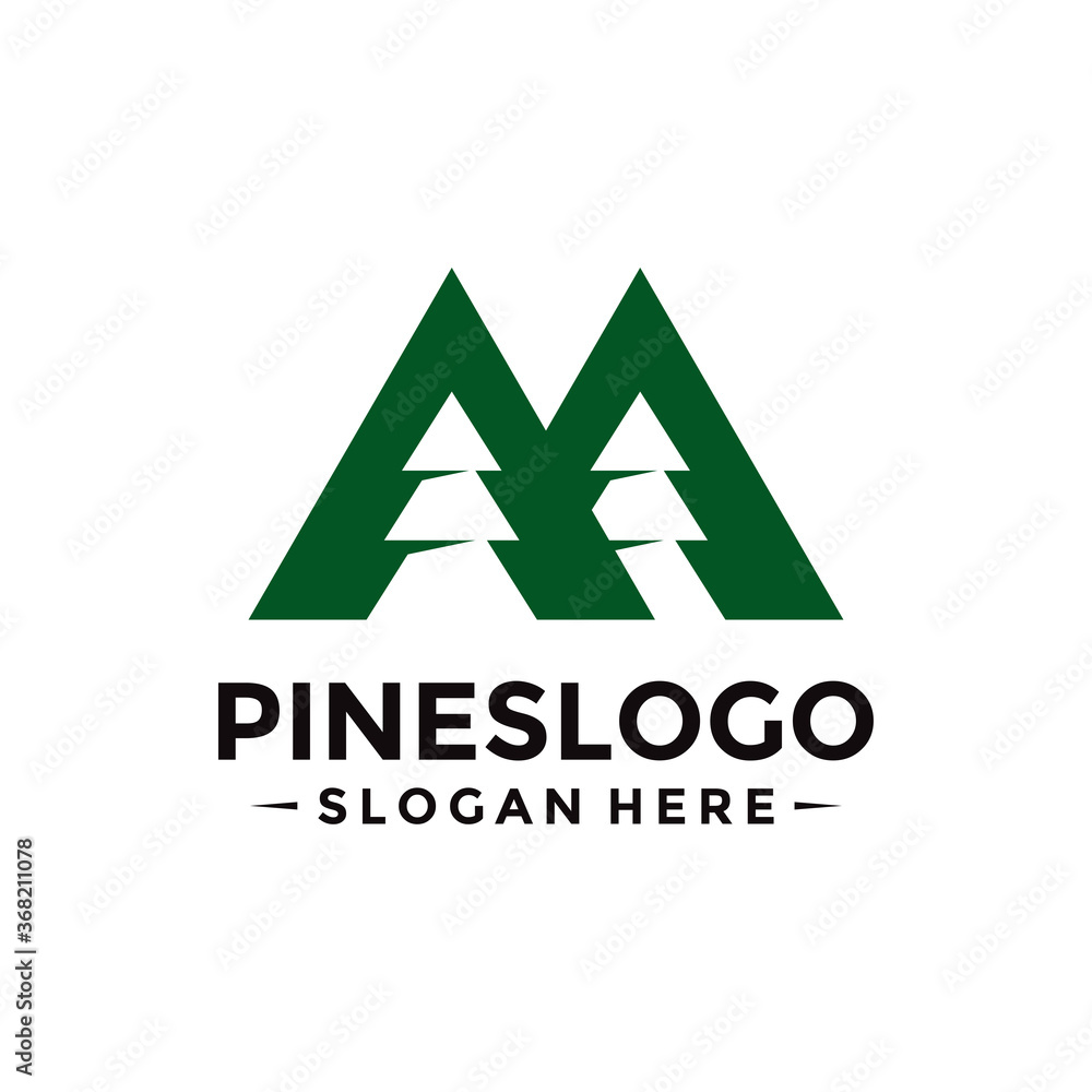 Letter M for Pine Tree Logo Design Template. Vector Illustration.