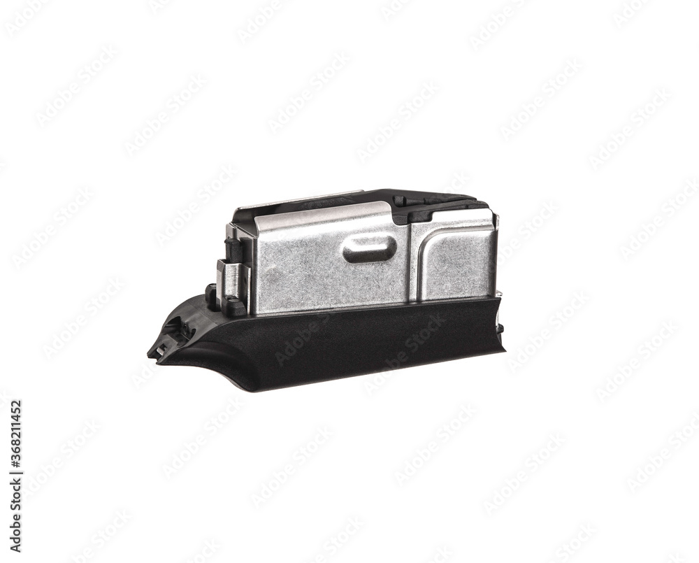 Hunting rifle magazine isolated on white background. Clip for cartridges Hunting rifle magazine isolated on white background. Clip for cartridges