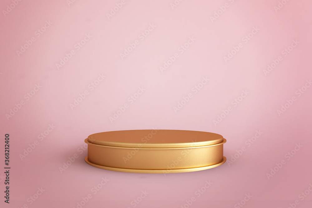 Golden cylinder showcase or podium stand on pink pastel background with luxury fashion concept. Creative product shelf for presentation template. 3D rendering. Golden cylinder showcase or podium stand on pink pastel background with luxury fashion concept. Creative product shelf for presentation template. 3D rendering.
