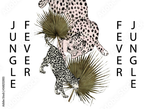 Jungle Fever, vector illustration of a abstract background with flowers, palm leaf, jungle cat collage, mood board