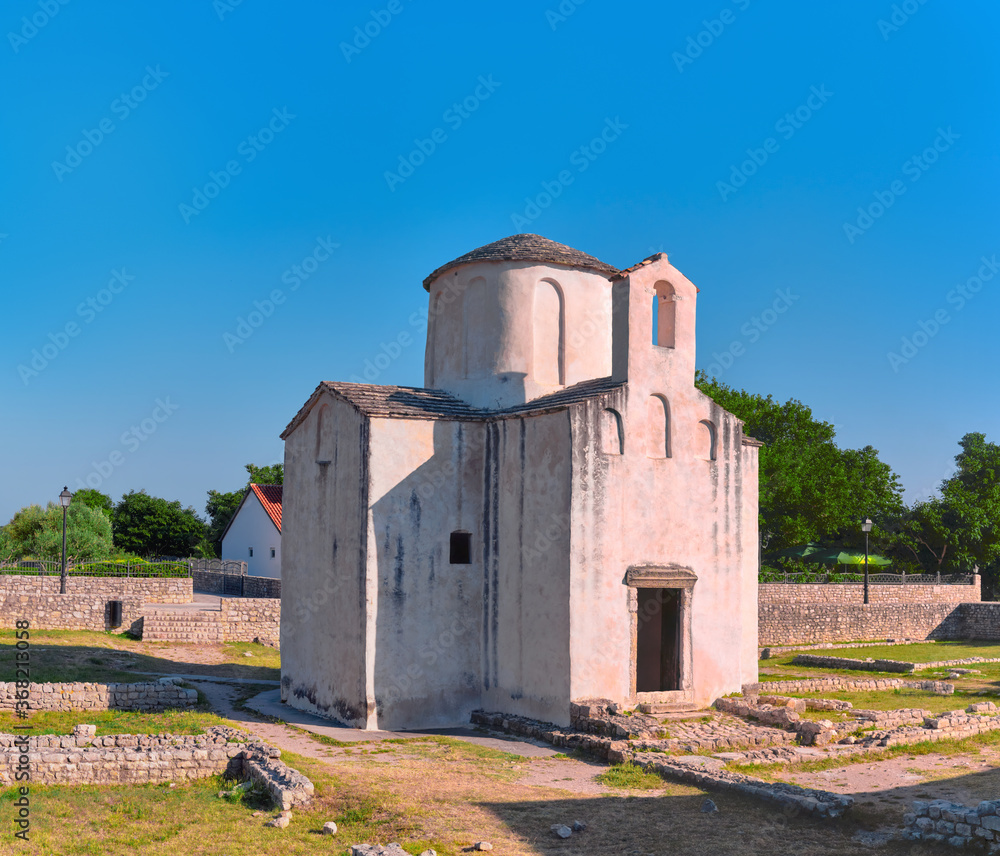 Historical town Nin, North Dolmatia in Croatia. Ancient Church of Holy Cross.