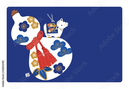 2021年の年賀状デザイン　丑年　イラスト　年賀状　ひょうたんと土鈴　
