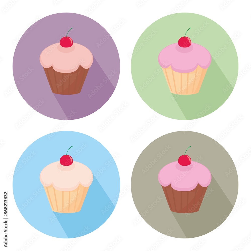 Sweet cherry vector cupcake flat icon set isolated on white background Sweet cherry vector cupcake flat icon set isolated on white background