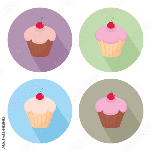Sweet cherry vector cupcake flat icon set isolated on white background