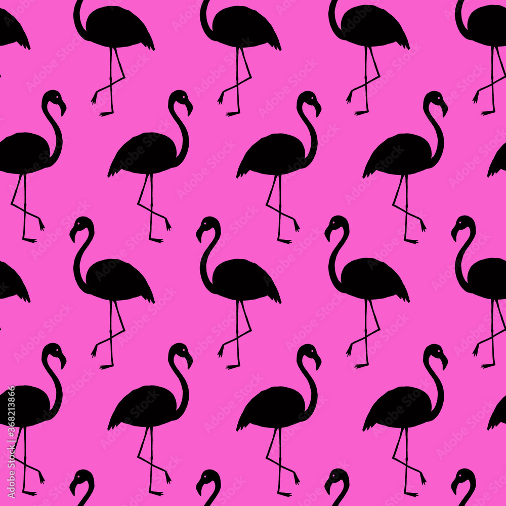 Obraz premium Seamless pattern with black silhouette of flamingo on pink background 