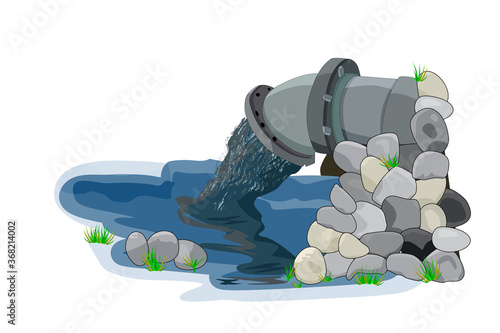 Water pollution from industrial pipe. Wastewater discharge from plant. Plant wastewater emissions into river or sea. Environmental pollution. Dirty toxic effluents  pouring out into water.Stock vector
