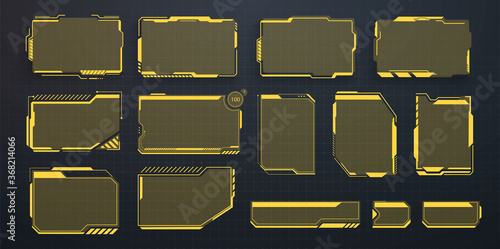 A set of modern frames, callouts for user menu interface elements in futuristic HUD style. Good for game UI/UX. Information box bars and modern digital info frame layout templates. Vector Illustration