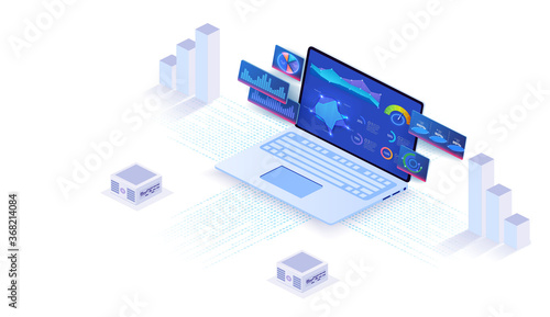 Application of laptop with business graph and analytics data on isometric laptop . Analysis trends and financial strategy by using infographic chart. Online statistics and data Analytics. Vector