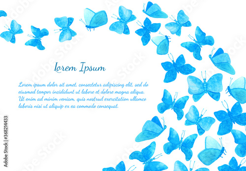 Watercolor blue butterflies card template. Hand drawn illustration of flock of fairy butterflies isolated on white background with space for text. Cute horizontal frame for banner  poster  invitation.