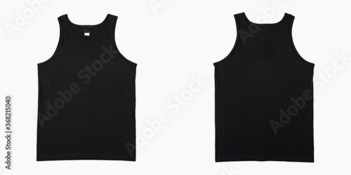 black singlet template front and back view isolated on white background. black  tank top without sleeves taken from the top view. Blank singlet set  isolated, mock up singlet for print or logo design. Stock Photo