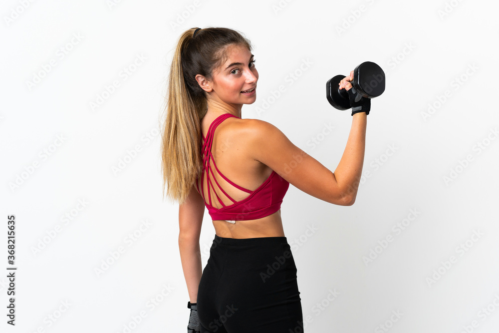 Young caucasian woman isolated on white background making weightlifting
