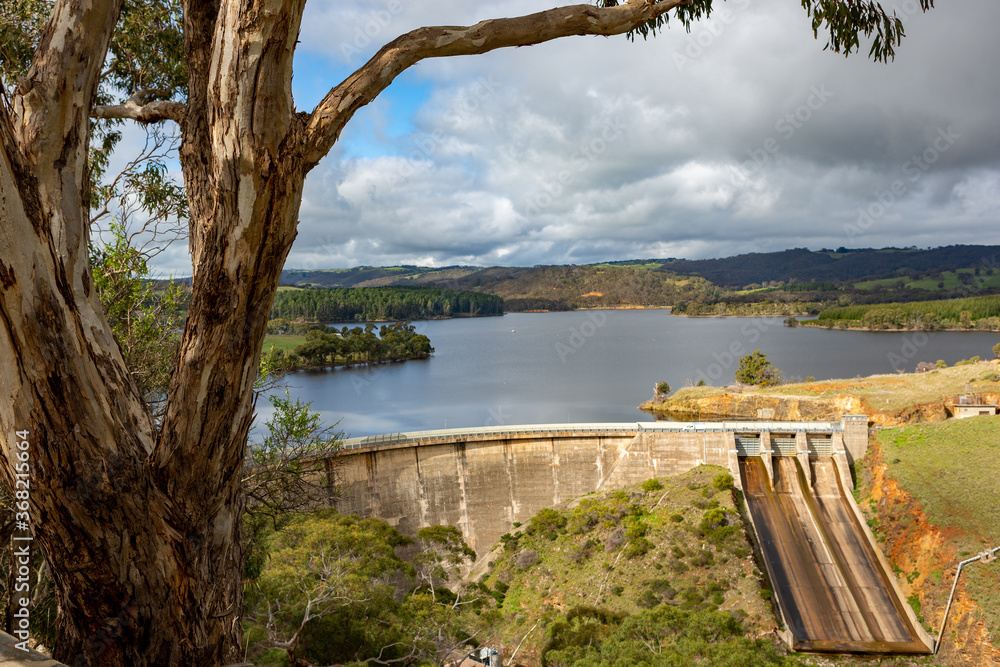 The iconic Myponga Dam on a sunny day located on the Fleurieu Peninsula South Australia on July 21 2020