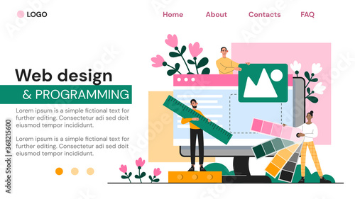 Web page template for web design and programming by two developers using color charts for layout, colored vector illustration