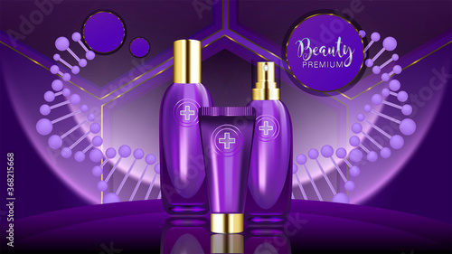 Beauty product ad design, purple cosmetic containers with collagen solution advertising background ready to use, luxury skin care banner, illustration vector.	
