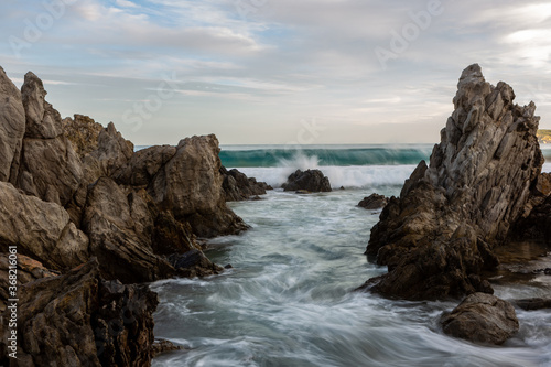 The rock formations and long exposure on the beach at Petrel Cove located on the Fleurieu Peninsula Victor Harbor South Australia on July 28 2020