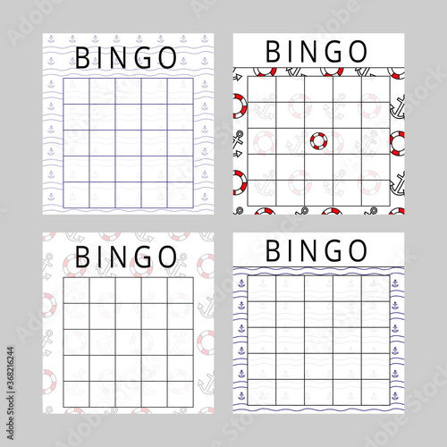 Bingo cards for sea trips with place for numbers. Printable lottery ticket templates with fun patterns. Vector illustration