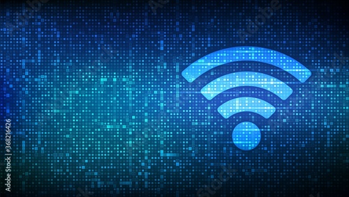 Wi-Fi network icon. Wi Fi sign made with binary code. Wlan access, wireless hotspot signal symbol. Mobile connection zone. Data transfer. Router or mobile transmission. Vector illustration. photo