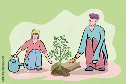 Men and women helping each other to plant trees , illustration picture