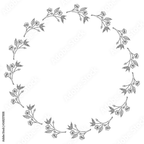 Round frame with black-and-white sakura branches on white background. Vector image.