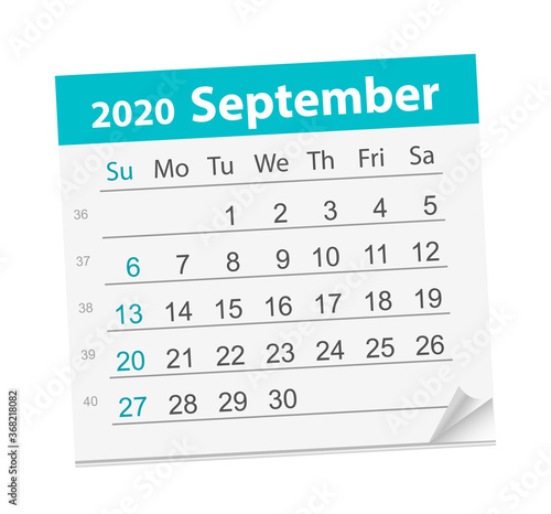 Calendar sheet for the month of September 2020. Vector Illustration. The week starts on Sunday