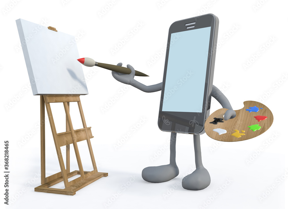 Fototapeta premium smartphone with arm and legs painter with brush and easel
