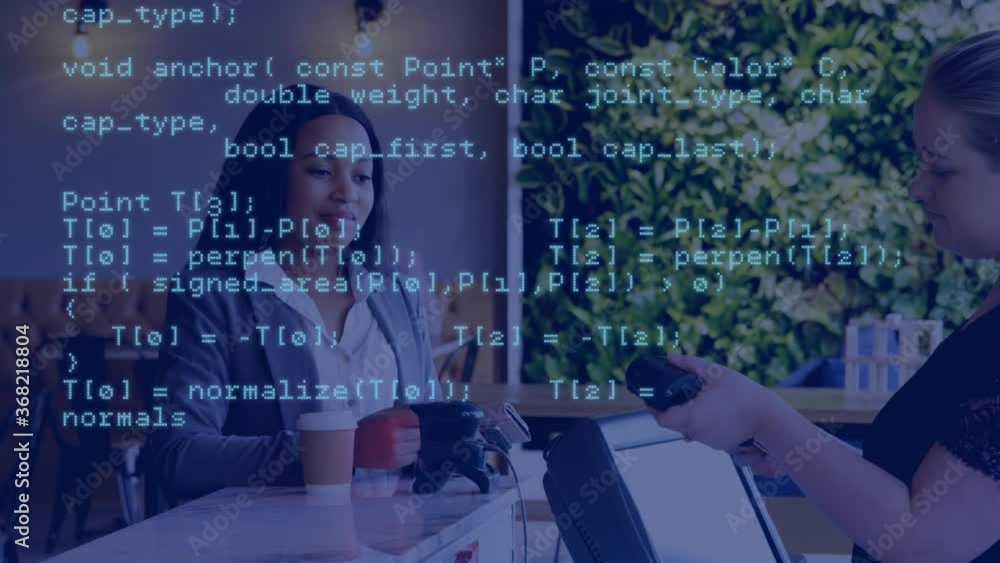 Animation of blue data processing over a mixed race woman standing in a cafe, paying with a credit c Animation of blue data processing over a mixed race woman standing in a cafe, paying with a credit c