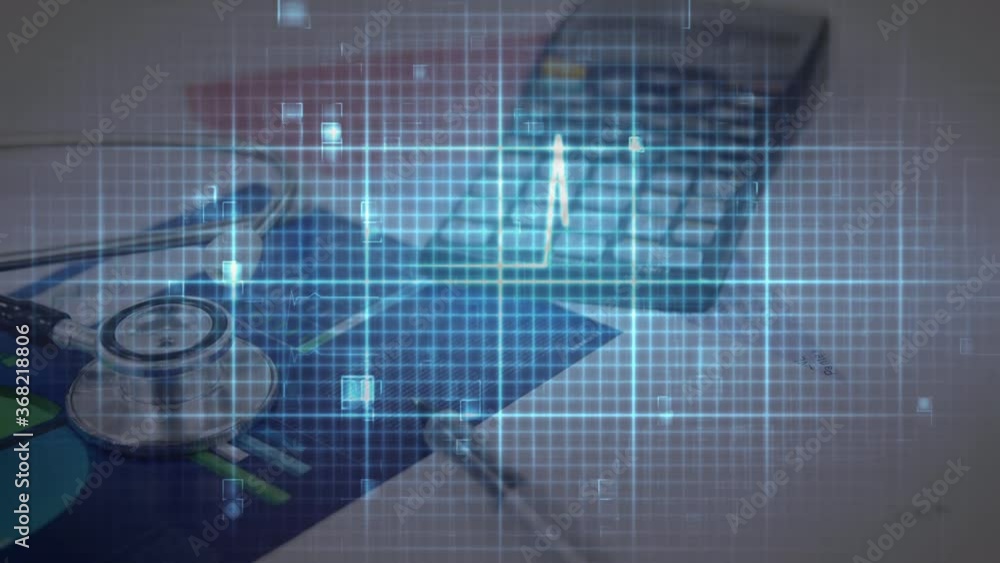 Animation of a blue heartbeat monitor on a grid over a stethoscope Animation of a blue heartbeat monitor on a grid over a stethoscope