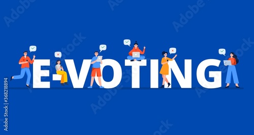 E-voting concept with people. Young men and women using mobile gadgets such as smartphones, tablets, laptops for online voting. Flat vector illustration.