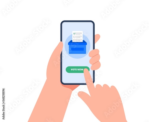 E-voting concept with a smartphone. A man holds the phone and voting online. Online voting concept, electronic voting, electoral internet system. Flat vector illustration.