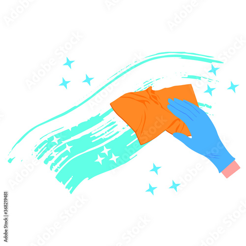 Vector drawing of a gloved hand with a cleaning napkin on a white isolated background. Washing of surfaces, glass, windows. Wipe clean with a napkin, cloth, yellow microfiber, blue gloves flat style, 