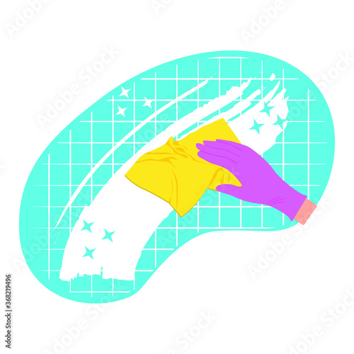 Vector drawing of a gloved hand with a cleaning napkin. Washing of surfaces, glass, windows. Wipe clean with a napkin, cloth, yellow microfiber, pink gloves flat style, 