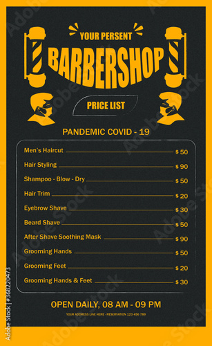 Barbershop flyer design menu tamplate, price list haircut for corona pandemic