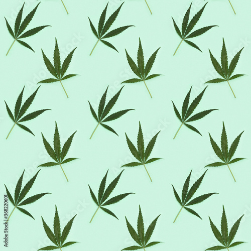 Seamless regular creative pattern with natural green leaves from Cannabis plant. Printing on fabric  wrapping paper.