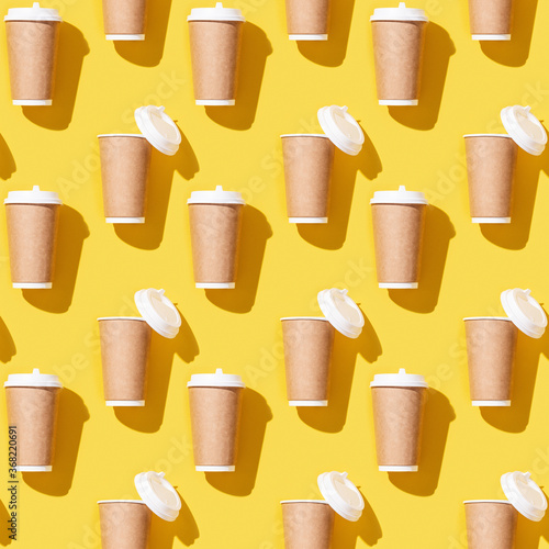 Creative seamless pattern with craft take away big paper cup for coffee.