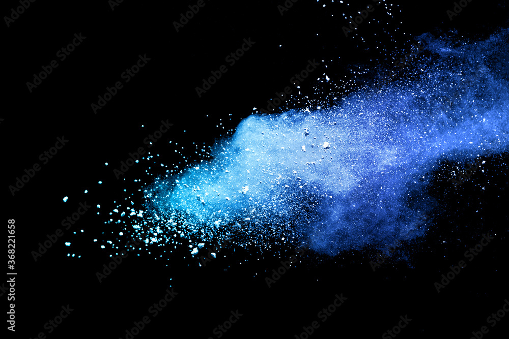 Closeup of blue dust particle splash isolated on black background. Closeup of blue dust particle splash isolated on black background.