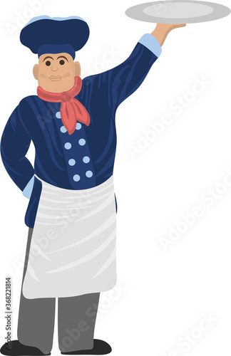 The chef is holding a tray. Graphic drawing. Cartoon style. White background. Vector. Cartoon illustration for web design