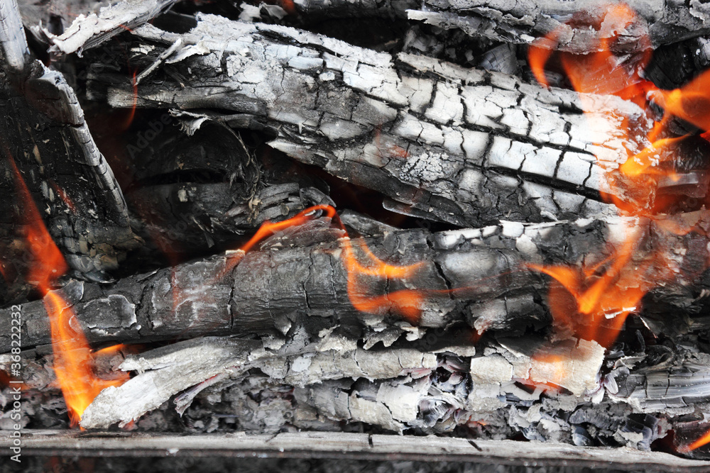 Burning firewood in the grill close-up