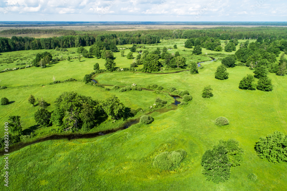 Aerial Soomaa National Park. Tõramaa wooded meadow during a summery sunny day in Estonian nature, Northern Europe. 